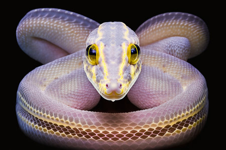 Portrait of a Boa constrictor snake isolated on black backgroundの素材