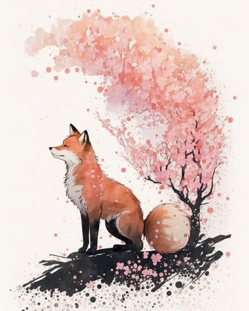 Watercolor illustration of a red fox on a background of cherry blossomsの素材