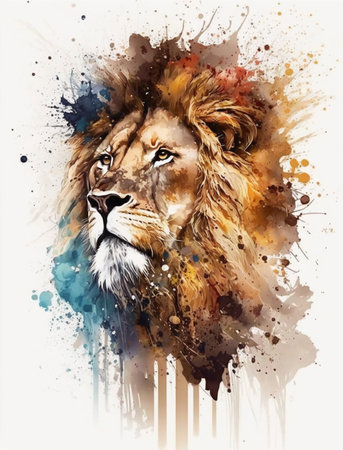 Lion head with colorful watercolor splashes on white background.の素材