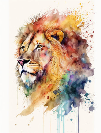 Watercolor lion. Hand drawn watercolor illustration isolated on white backgroundの素材