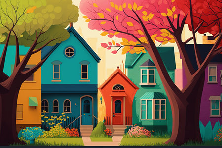 Colorful houses and trees in autumn season. Vector cartoon illustration.の素材