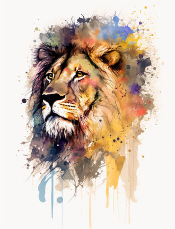 Watercolor portrait of a lion with colorful splashes on white backgroundの素材