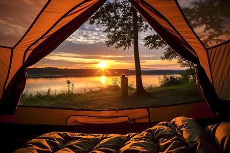 Camping on the lake at sunset. Tents on the lake.の素材