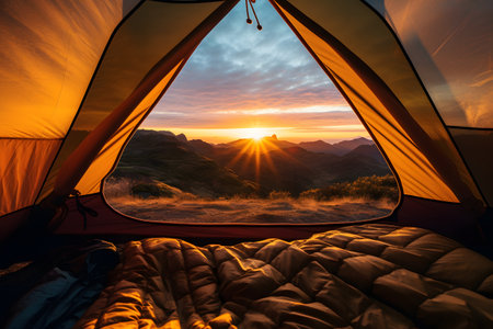 Camping in the mountains with a view of the sun setting behind the tentの素材