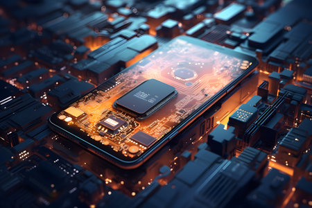 Close-up of a modern mobile phone with a processor and microchips. 3D renderingの素材