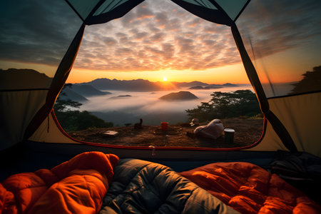 Camping tent on the top of the mountain with beautiful sunrise backgroundの素材