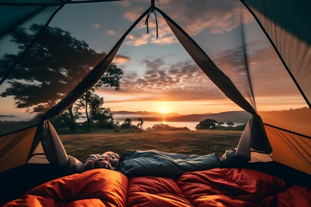 Man sleeping in camping tent at sunrise. Travel and adventure concept.の素材