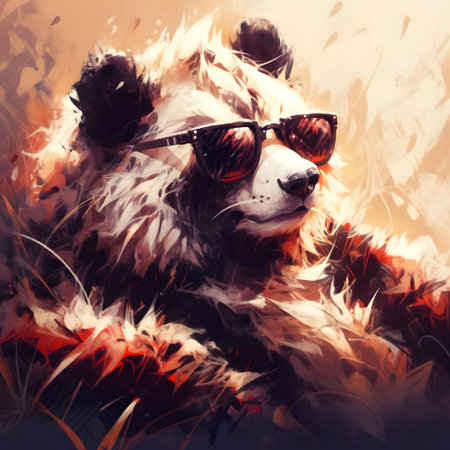 Portrait of a beautiful panda in sunglasses. Digital painting.の素材