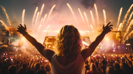 Crowd at concert - young woman with raised hands at music festivalの素材