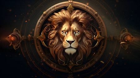 Lion in front of a clock. 3D render. Digital illustration.の素材