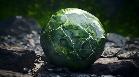 3d rendering of a green marble ball on a piece of woodの素材