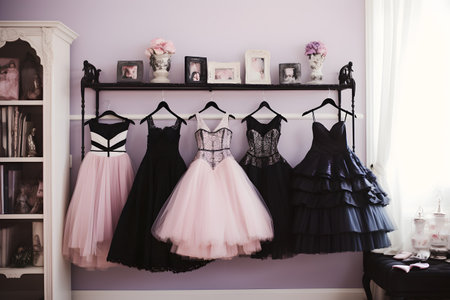 Beautiful wedding dresses on hangers in room. Wedding day conceptの素材