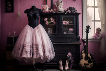 Ballerina dress on mannequin in vintage room with guitarの素材