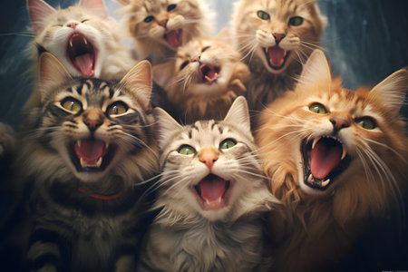 Group of funny cats with open mouth and tongue sticking out. Studio shot.の素材