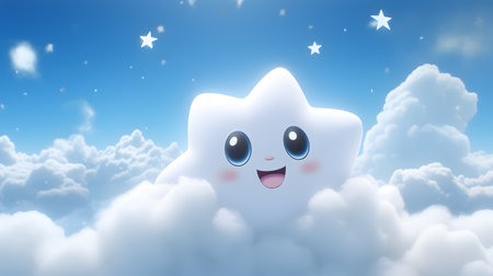 Cute cartoon tooth in the clouds. 3D rendering illustration.の素材