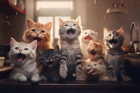 Group of cute little kittens in the kitchen at home, selective focusの素材