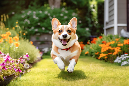 Portrait of cute welsh corgi dog running in the gardenの素材