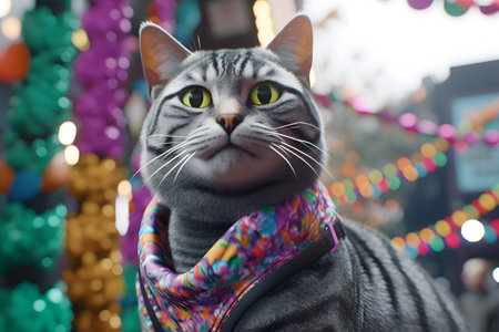 Cute cat wearing a colorful scarf in a Christmas market in Londonの素材