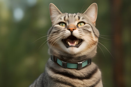 Portrait of a cat with green collar on a blurred background.の素材