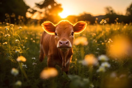 Cute brown calf in the meadow with flowers at sunset.の素材
