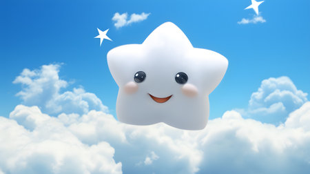 Tooth smile against blue sky with white clouds 3d-illustrationの素材