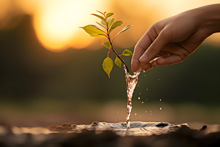 Female hand pouring water on young green plant in nature, Ecology conceptの素材