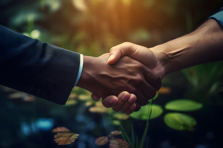 Handshake between two businessmen in the park. Concept of business partnership.の素材