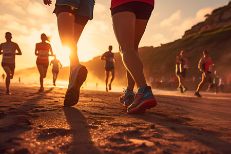 Marathon running race, people feet on seaside trail at sunsetの素材