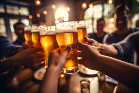 Group of friends clinking glasses of beer in pub, close upの素材
