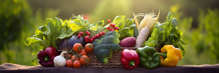 Basket with fresh vegetables on table in garden, panoramic bannerの素材