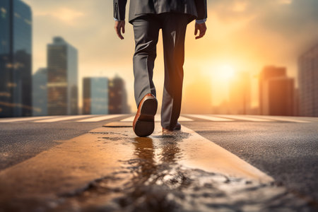 Businessman walking on the road with cityscape background at sunset.の素材