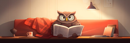 Owl reading a book at home. Vector illustration. Cartoon style.の素材
