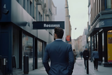 Back view of a young businessman walking on the street in the cityの素材