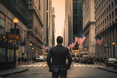 Rear view of young businessman crossing the street in New York, USAの素材