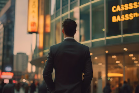 Rear view of a young businessman standing in the city at nightの素材