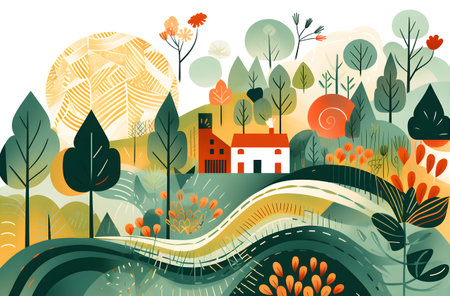 Vector illustration of a rural landscape with trees, fields and houses.の素材