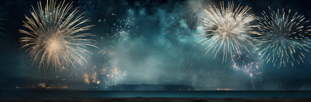 Colorful fireworks of various colors over night sky with sea and cityの素材