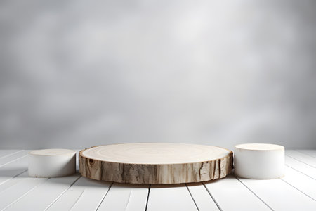 Wooden podium on a white wooden background. 3d rendering.の素材