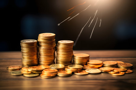 Stack of gold coins on wooden table with bokeh light background.の素材