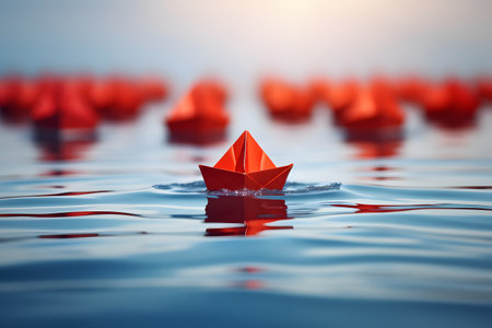 Red paper boat floating in the sea. 3d rendering, 3d illustration.の素材