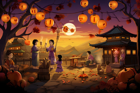 Halloween night scene with pumpkins and people in traditional costumes.の素材
