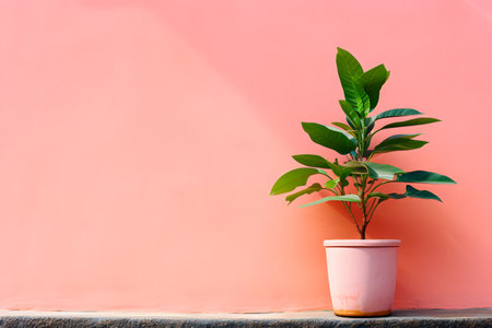 Ficus in pot on wooden table and pink wall background, stock photoの素材