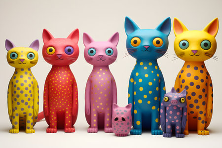 Group of colorful cats on gray background. 3d illustration. Vintage style.の素材