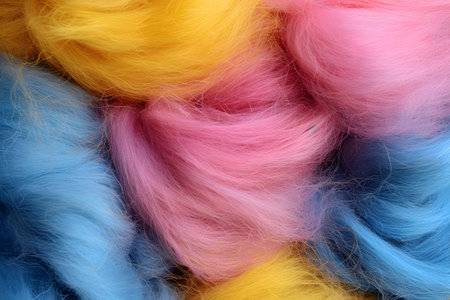 Colorful wig as background, top view. Close-up.の素材