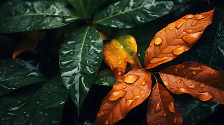 Raindrops on the leaves of a tropical plant. Raindrops on the leaves.の素材