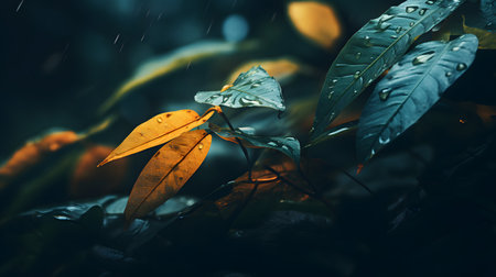Raindrops on the leaves of a tropical tree in the rain.の素材