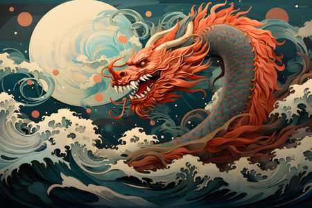 Dragon on the background of the moon and the sea. Vector illustration.の素材