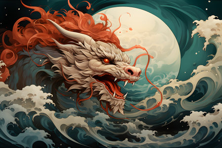 Dragon in the sea with a full moon and clouds. Vector illustration.の素材