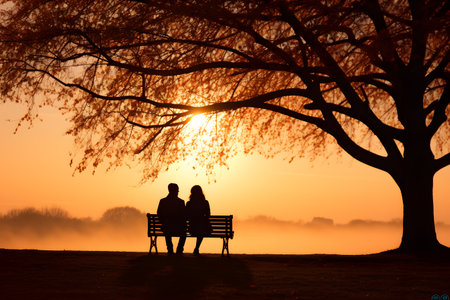 silhouette of couple sitting on a bench in the park at sunsetの素材