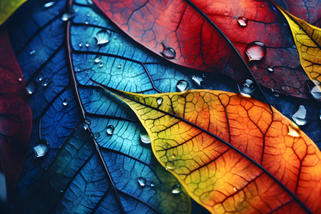 Colorful leaves with water drops close up. Colorful autumn backgroundの素材